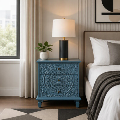 Carved Wood Nightstand with 3 Drawers, Vintage Farmhouse Embossed Accent Chest, Bedside Storage Cabinet End Table