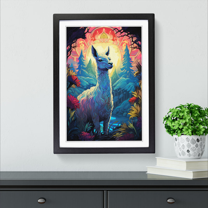 Llama Nouveau - Single Picture Frame Print on Wood, Black Framed, 64cm H x 46cm W x 2cm D