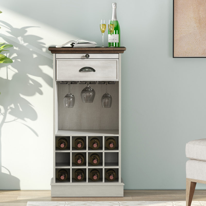 Deliyah 21.97"W x 42"H Freestanding Narrow Bar Cabinet, Liquor Storage with Wine & Glass Rack for Small Spaces, Cut-off White