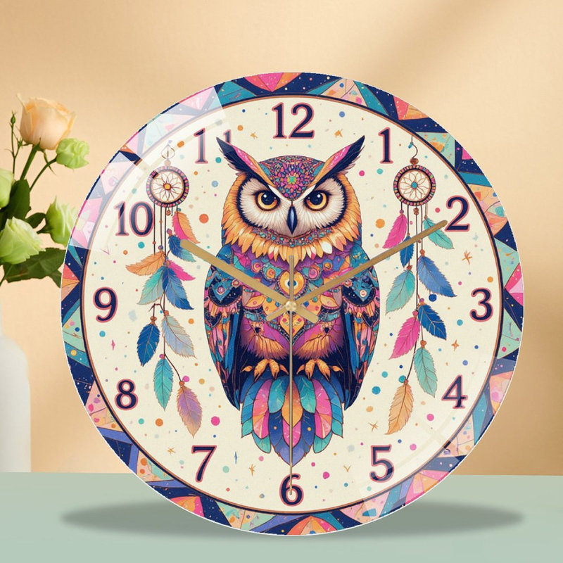 Horloge murale hibou attrape-rêves, œuvre d'art 12 po