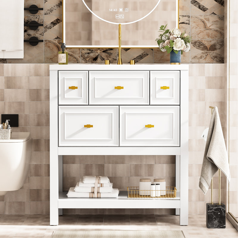 Lavabo de salle de bain moderne en céramique 30 po - structure en bois massif, 5 tiroirs, meuble-lavabo blanc, style
