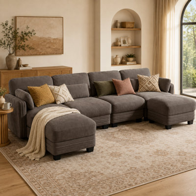 Canapé d'angle Channell 4 places en forme de U, capitonné, avec 2 poufs amovibles, canapé modulable moderne et minimaliste, revêtement Thickille, mousse haute résilience, assise matelassée