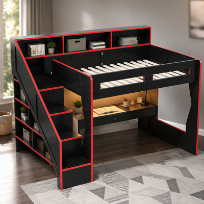 Grand lit mezzanine de jeu avec escalier de rangement et tablettes de tête de lit ouvertes, lumière DEL et bureau de charge USB, cadre de lit mezzanine surélevé avec découpe en forme de maison pour les joueurs, noir et rouge