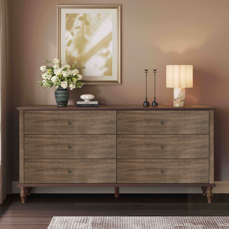 6-Drawer Double Wide Wood Dresser For Bedroom, Deep Brown Burnt Wood Finish With Self-Closing Slides And Anti-Tip Kit