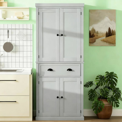 72.5" Freestanding Kitchen Pantry With Recessed Door Panels, Brushed Nickel Hardware And 3 Adjustable Shelves For Towels Utensils Shaker Style Design, Deep Drawer 4 Various Household Items