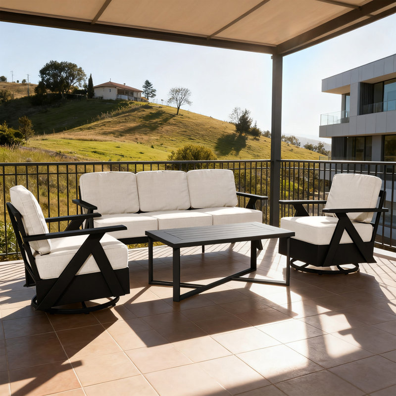 Ensemble de conversation d'extérieur en aluminium 4 pièces avec coussins, canapé pivotant pour patio, cour arrière, beige près de la piscine