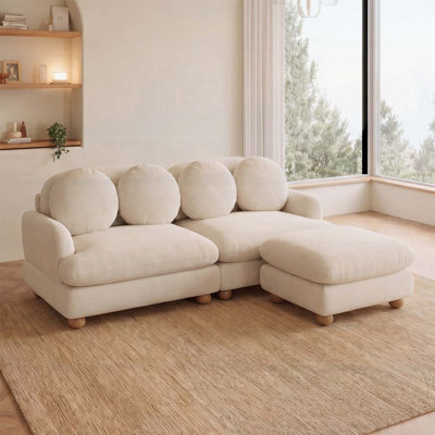 Canapé Comfy en chenille, canapé 3 places profond avec 4 coussins décoratifs, repose-pieds mobile, structure en bois pour le salon et la chambre à coucher, beige