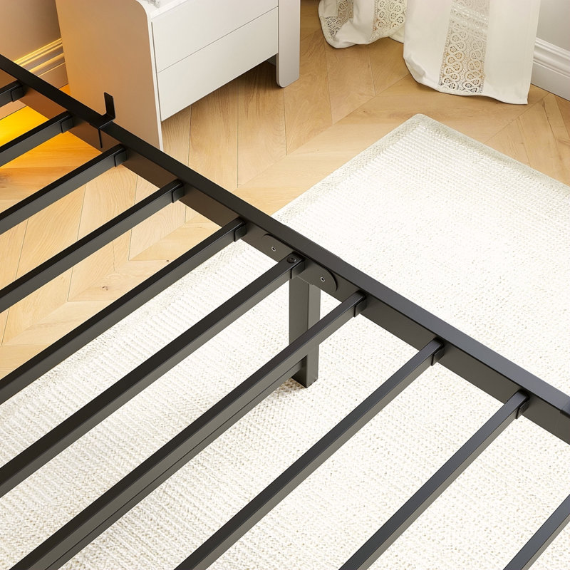 Twin Size Bed Frame Heavy Duty Platform Bed Frame With Headboard, USB Charging Station, LED Bed, No Box Spring Needed, Mattress Foundation, Strong Steel Slats, Noise Free, Brown