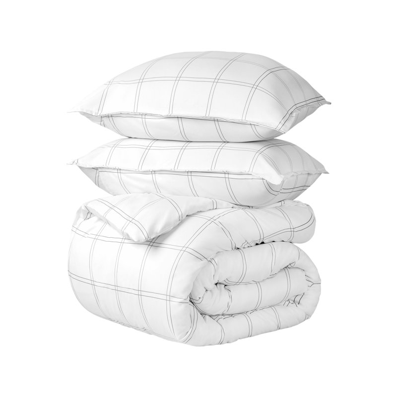 Down Alternative Track Stitch Comforter Set, Queen Comforter + 2 Standard Shams, White/Gray Plaid