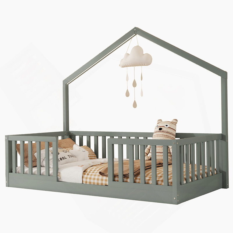 Lit simple à plancher surélevé, lit En Montessori avec éclairage pour enfants, garçons et filles, Lit simple, Gris