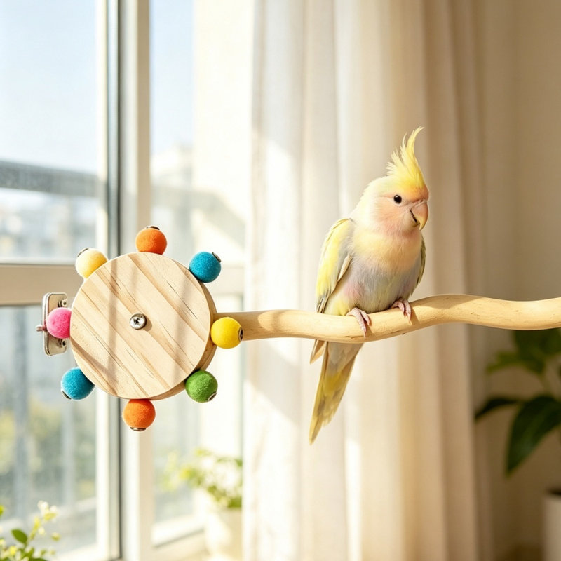 Perchoir à perroquet, perchoir à percher en bois naturel ondulé avec roue à billes colorée rotative, jouet à mâcher interactif à monter en cage pour les petits et moyens perroquets