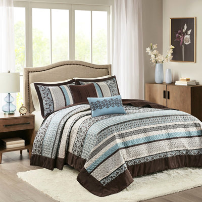 5 Piece Reversible Bedspread Queen Blue - Geometric Leaf & Medallion 100% Machine Washable 2 Shams Pillows Included Design Comfortable Bedding And Decorative Easy Wash
