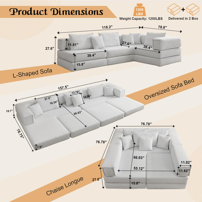 118.2'' Modular L-Shaped Cloud Sofa, Corduroy Deep Seat, No Assembly, 6-in-1 Sectional