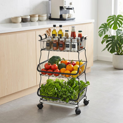 Rolling Storage Cart With Wheels, Heavy-Duty Metal Utility Cart With Wood Handles, Removable Drip Tray, Kitchen Pantry Organizer, Mobile Basket Cart For Kitchen, Bathroom, Laundry Room