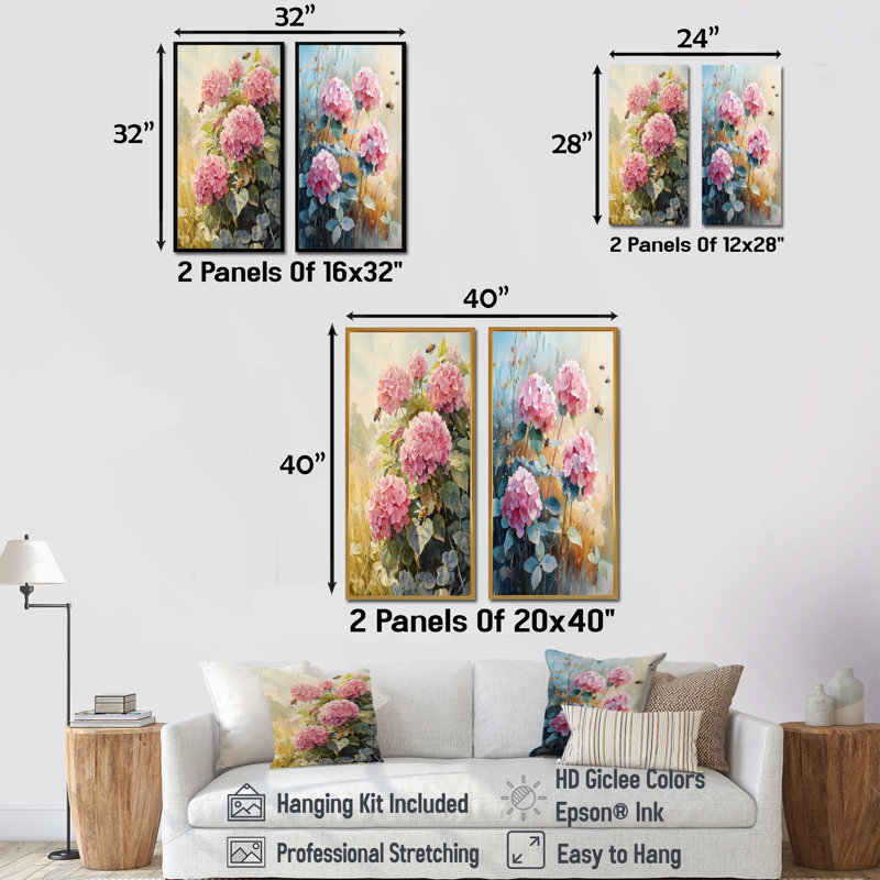 Hydrangeas In The Clover Field I - Floral Canvas Prints 2 Pieces Collection, 28" H x 25" W, Wrapped Canvas