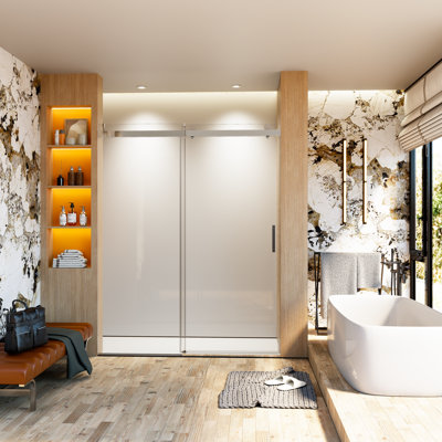 Porte de douche coulissante sans cadre l 56 à 60 po x H 76 po, verre trempé de 3/8 po, système de fermeture en douceur, roulettes lisses, quincaillerie en acier inoxydable, enceinte de salle de bain moderne