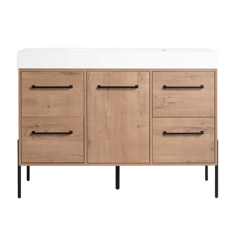Meuble-lavabo autoportant 48 po avec lavabo en résine blanche et porte d'armoire à fermeture douce et 4 tiroirs (KD-PACKING)