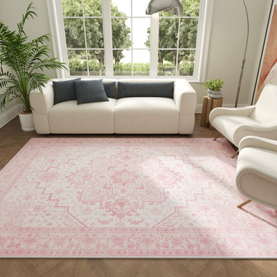 Living Room Rug 6x9 ft Pink Area Rug Machine Washable Rug, Non Slip Vintage Rug Stain Resistant Indoor Large Carpet for Bedroom, Boho Rug, Distressed Retro Floor Rug for Classroom, Dorm, Dining Room