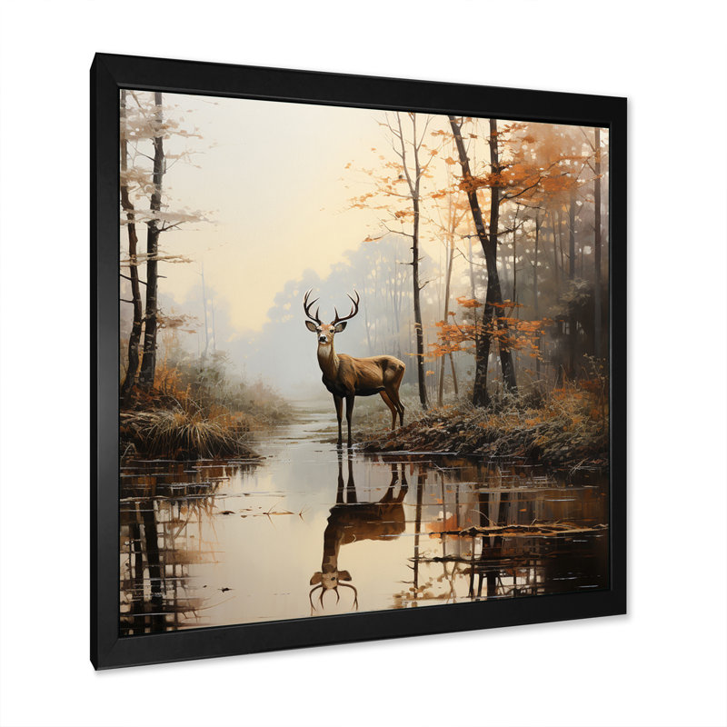 «Animal Deer Misty Morning II», impressions sur toile, H 30 po x l 30 po x P 1 po, Cadre simple noir