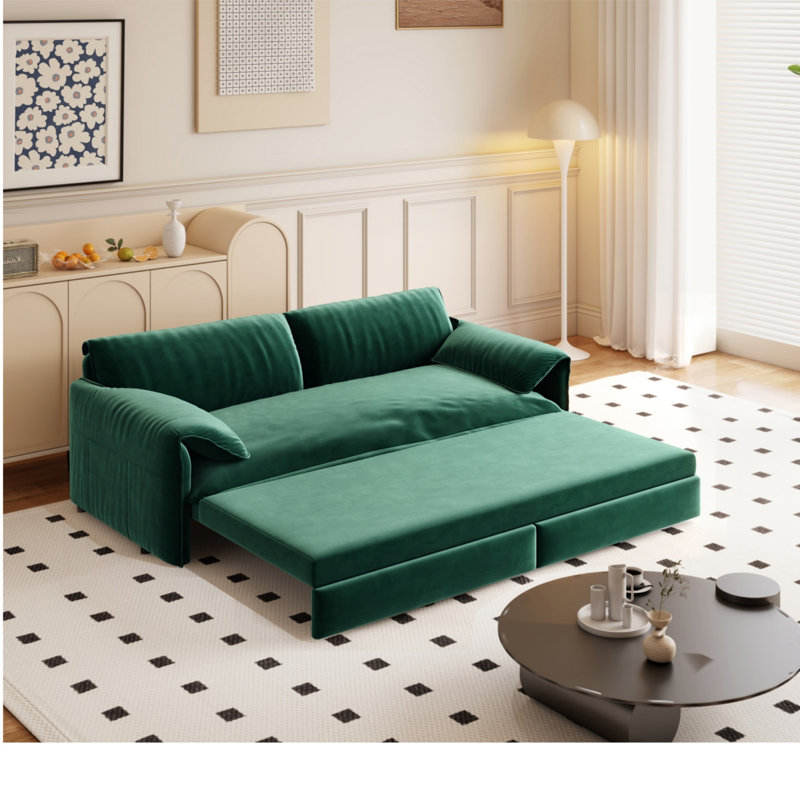 Queen Pull Out Sofa Bed,Convertible Sleeper Sofa with Side Storage, Multi-Functional Loveseat Bed, Green