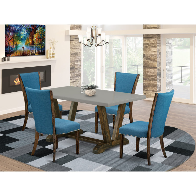 Table de salle à manger 5 pièces en bois massif avec 4 chaises Parson et dossier en treillis, Bleu, Ciment / jacobin délavé