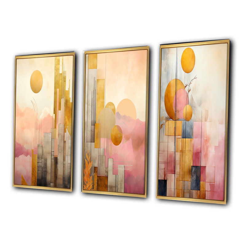«Golden Moon Dreams Retro Illustration III», 3 pièces, Cadre flottant doré, H 40 po x l 60 po