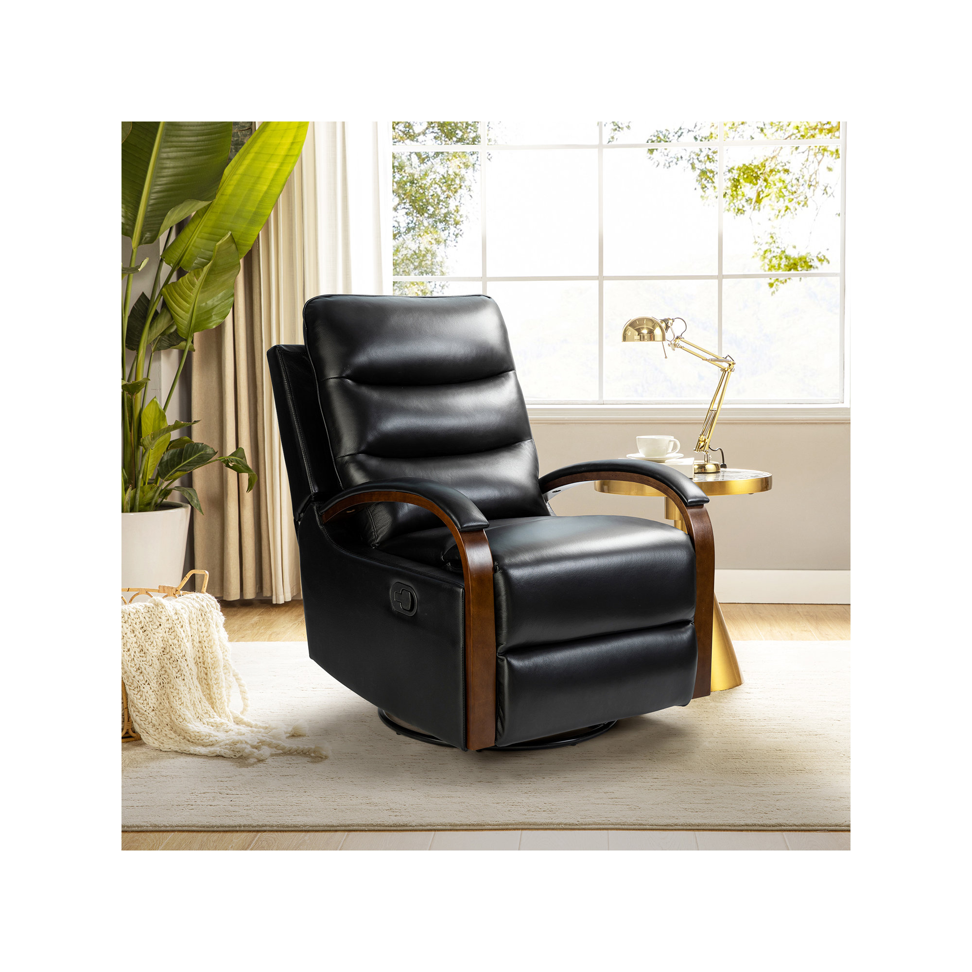 Azilda 29" Wide Genuine Leather Manual Swivel Rocking Standard Recliner, Black Genuine Leather