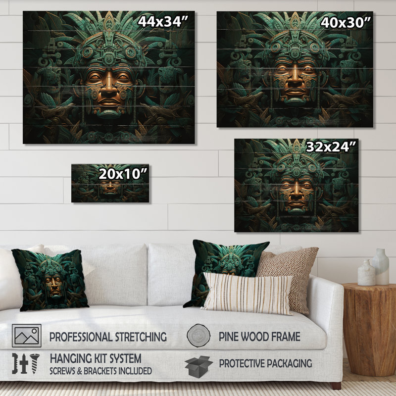 Maya Magic Aztec Mask I - Art mural mexicain sur bois de pin naturel, H 10 po x l 20 po