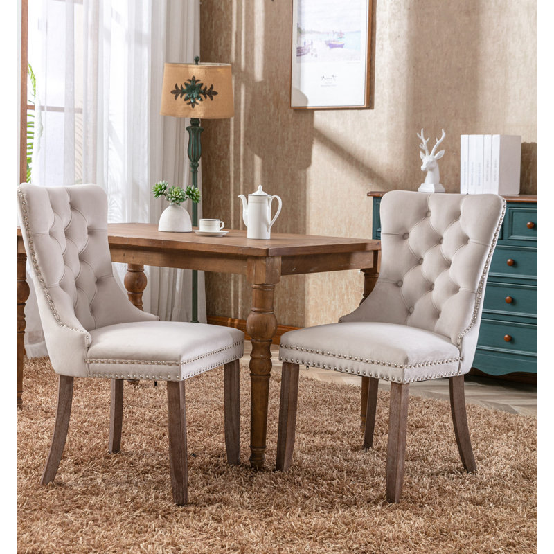 Chaises capitonnées Allena , Velours beige, 2, Natural Wood