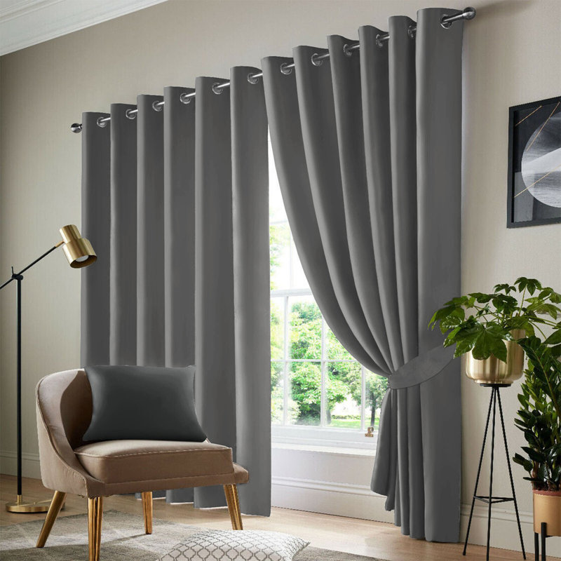 100 % Polyester Blackout Eyelet Room Darkening  Thermal Curtain (Set of 2), Light Grey, 168 cm Width x 228 cm Drop