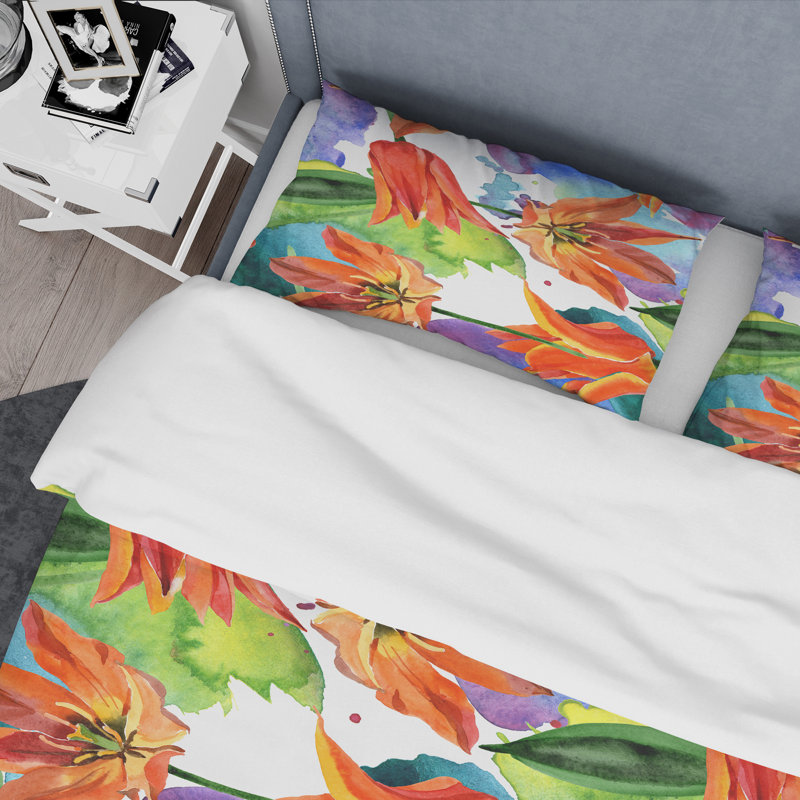 Ensemble de housse de couette en microfibre orange / mauve / vert, Housse de couette pour très grand lit et 2 très