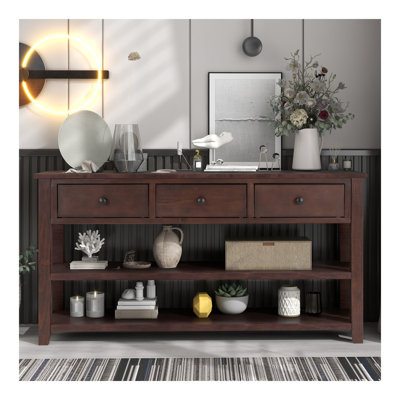 Console rétro avec deux tablettes ouvertes, structure en bois de pin massif et pieds pour le salon (espresso)