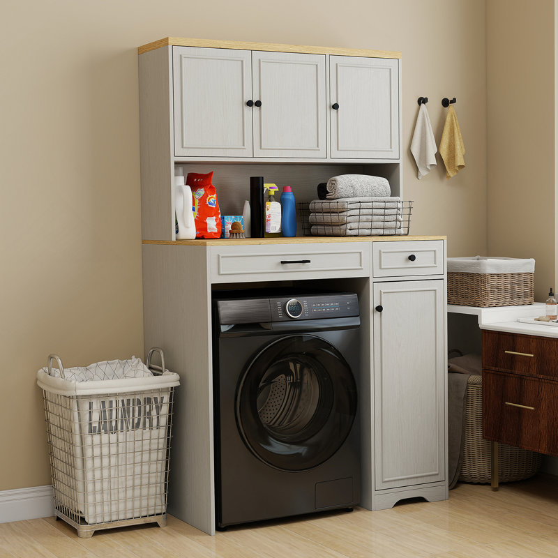 Over The Washer And Dryer Storage Cabinet Suitable For Compact Washing Machines, Laundry Room Storage Organizer With 1 Laundry Basket, 4 Doors, 1 Drawer And 2 Adjustable Shelves-Antique