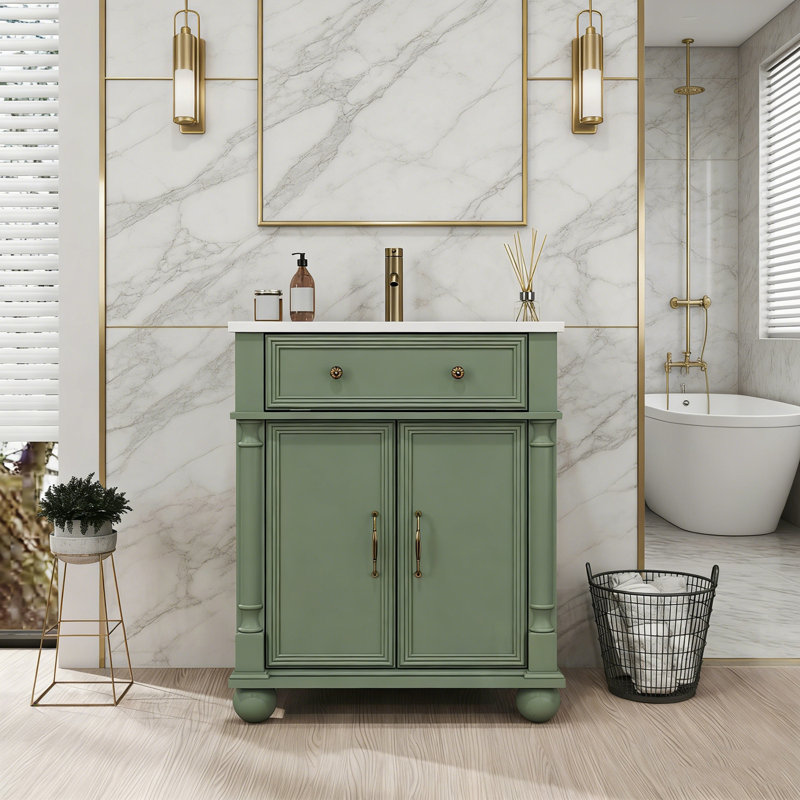 Meuble-lavabo de salle de bain avec lavabo, tiroir rabattable et poignées en métal, Vert