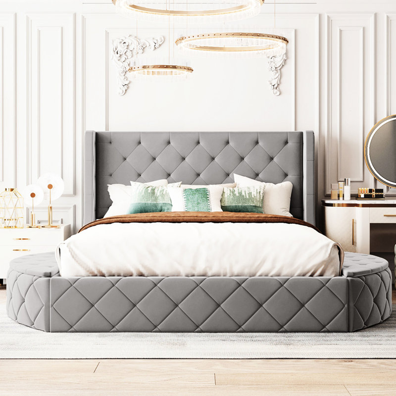 Upholstered Queen Size Platform Bed With Velvet Wingback Headboard, 1 Big Drawer & 2 Side Storage Stools (Grey Grey For Chests