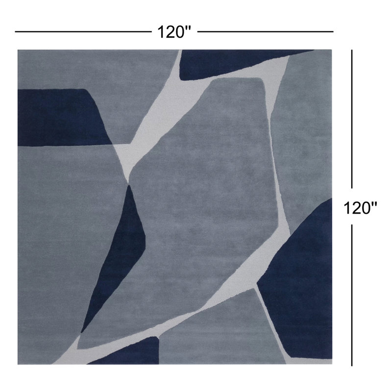 Tapis bleu clair / bleu marine / ardoise en laine touffeté à la main Abstract, Carré 10 pi