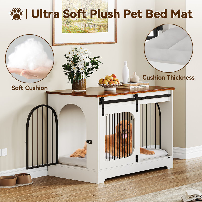 Cage pour chien moderne de 100 cm (39,4 po), niche pour chiens jusqu'à 32 kg (70 lb), avec tapis de couchage, table d'appoint robuste, niche à trois portes, blanc/brun