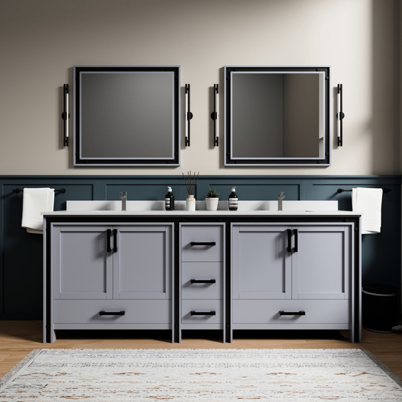 84 po. Gris foncé Meuble-lavabo double X 22 avec comptoir en quartz blanc, robinet, 34 miroirs - égratignure et teinture pour une utilisation durable dans le robinet