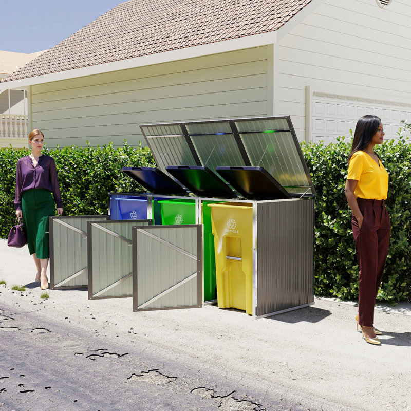 Garbage Bin Shed Stores 3 Trash Cans With Pneumatic Support Rod, With Lockable Doors & Waterproof Lid Chain, For Patio,Garden,Backyard