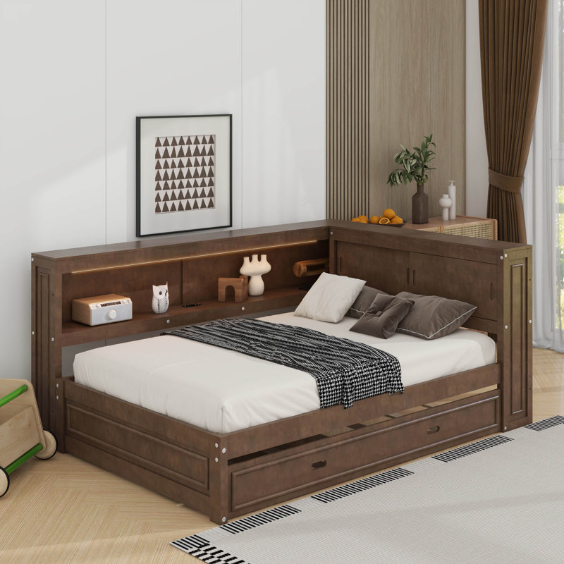Lit de jour en bois pleine grandeur avec tablettes, DEL, USB et lit gigogne, Bois antique