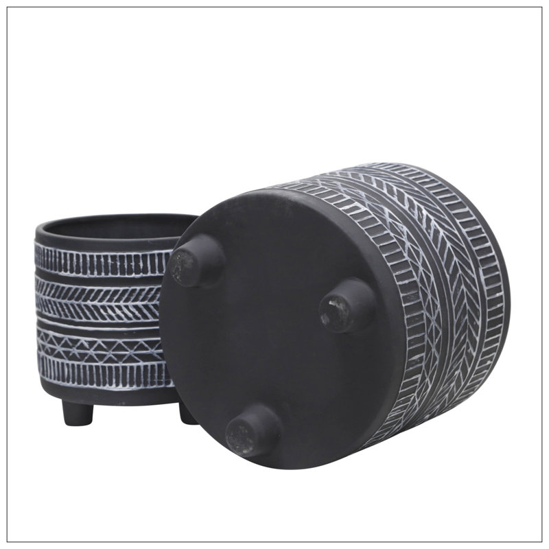 S/2  TRIBAL LOOK FOOTED PLANTER 6/8", BLACK