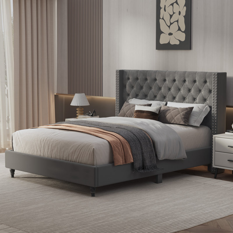 Elegant Upholstered Platform Bed with Wingback Design and Tufted Headboard, Queen