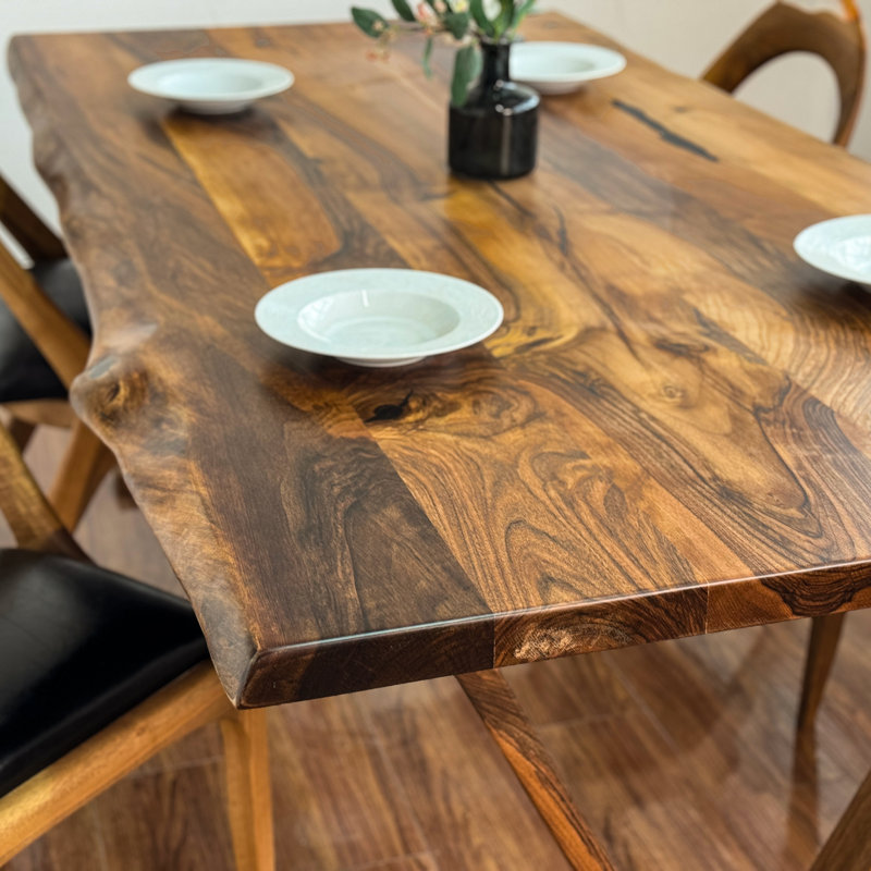 Junilla Live Edge Solid Walnut Dining Table – Handmade Farmhouse Kitchen Table with V-Shaped Wooden Legs