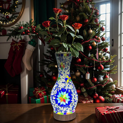 Lampe de table mosaïque marocaine fabriquée à la main avec vase en verre et base en bois, éclairage de chevet décoratif alimenté par USB pour la chambre à coucher, le salon et la maison de campagne