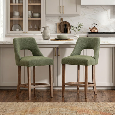 Ensemble de 2 tabourets de bar - tabourets de comptoir rembourrés pour îlot de cuisine, chenille bleu marine moderne avec pieds en bois massif