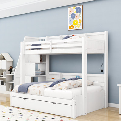 Lit superposé simple au-dessus d'un lit double en bois avec escalier et port USB, DEL et lit gigogne