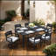 Table de salle à manger d'extérieur rectangulaire en aluminium à deux tons avec pieds fuselés, trou pour parasol et design moderne-891160437-891160439