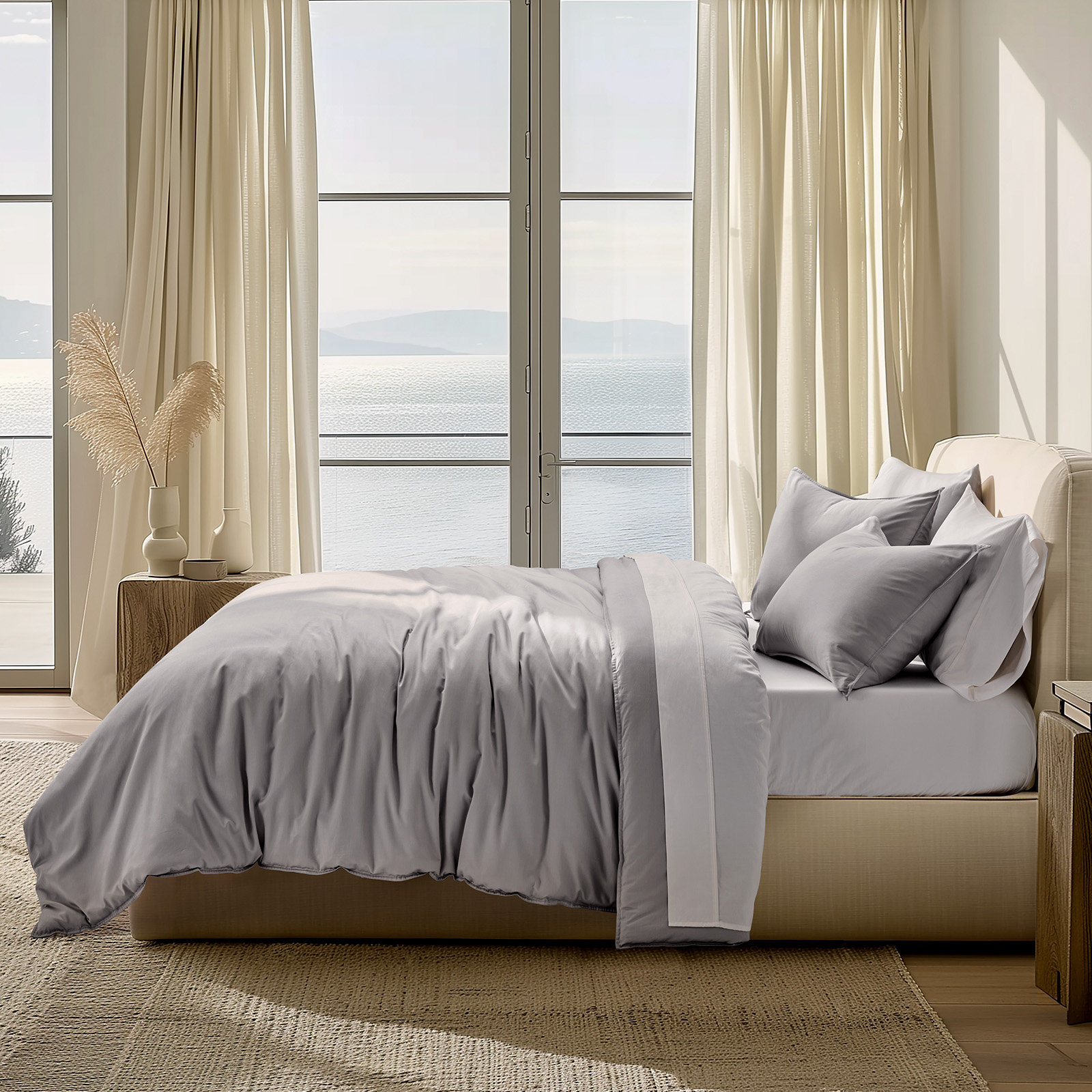 Cotton Tencel Duvet Cover Set, Dove Gray, Queen Duvet Cover + 2 Queen Shams