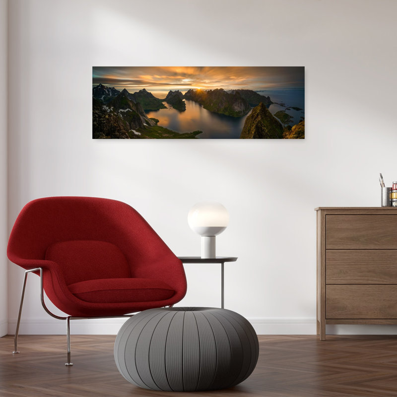 «Golden Fjord Sunset Dramatic Peaceful Serene Landscape Mountain», art mural, H 12 po x l 36 po