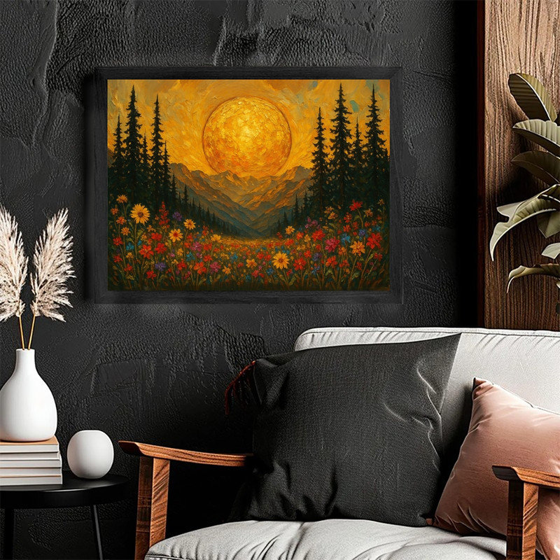 «Moonlit Pine Forest», encadré noir, pleine lune, peinture de champ de fleurs sauvages, art mural paysage nature Moody Mystical